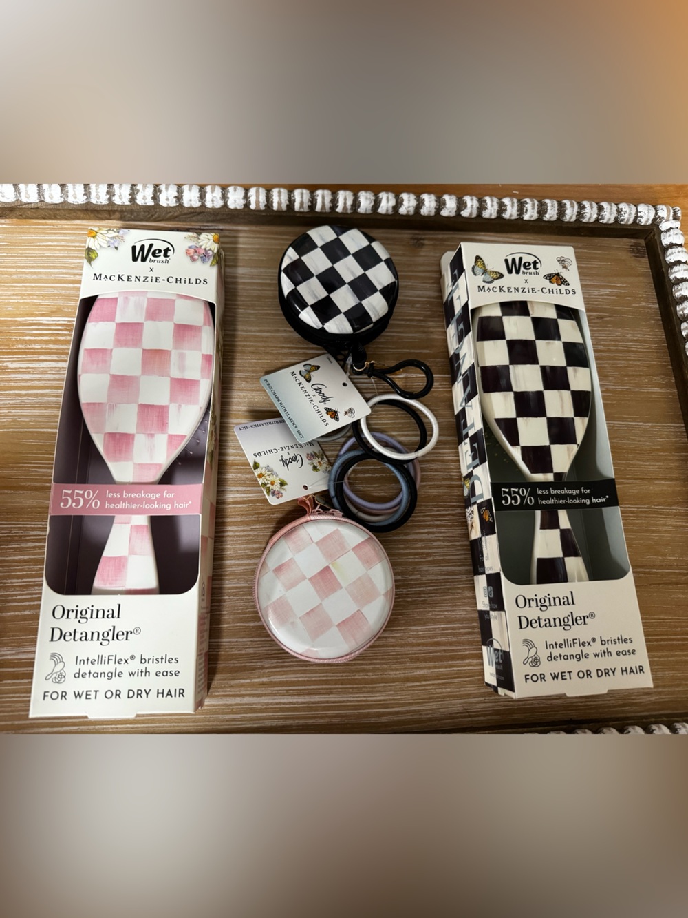MacKenzie-Childs Pink and Black Check Hair Brush Set and matching hair tie holde